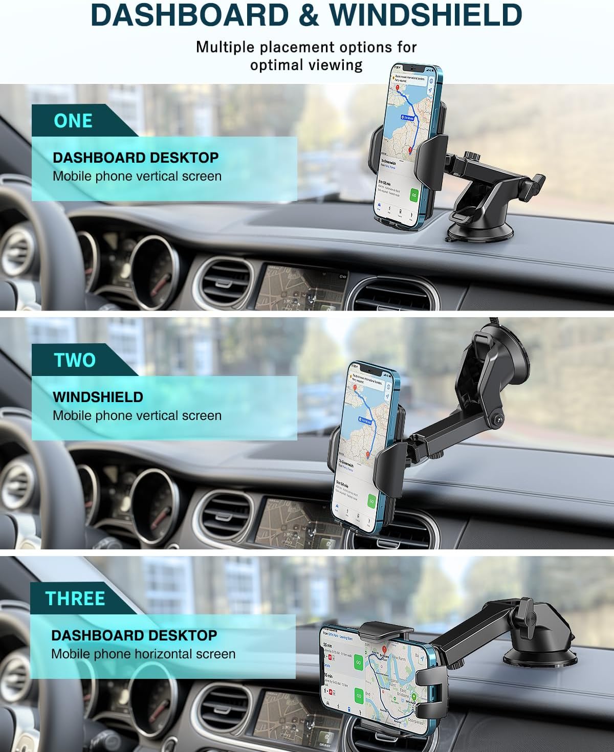 Hoppac Car Phone Holder, Ultra Strong Suction Mobile Phone Holder for Dashboard & Windscreen, 360° Rotation & One Button Release, Car Phone Mount for Smartphone 4.0''-7.0'' - Image 3