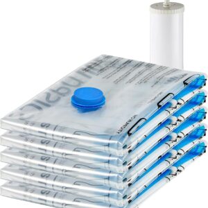 Amazon Basics Vacuum Compression Zipper Storage Bags with Airtight Valve and Hand Pump, Large, 5-Pack, Clear