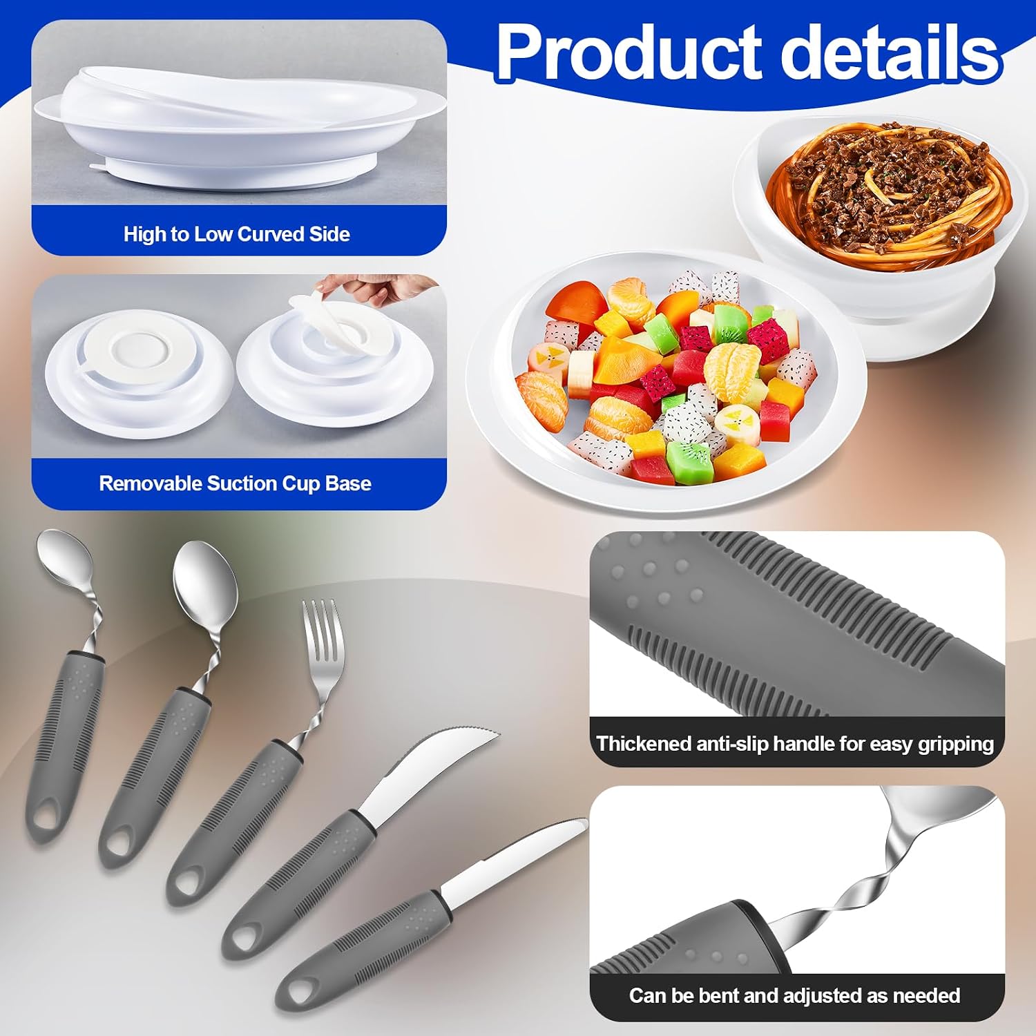2 Sets Adaptive Utensils Bowl and Plate Set Adaptive Self Feeding Dinnerware with Suction Base Non Slip Bendable Cutlery for Elderly Disabled Hand Tremors Arthritis Parkinson(White) - Image 3