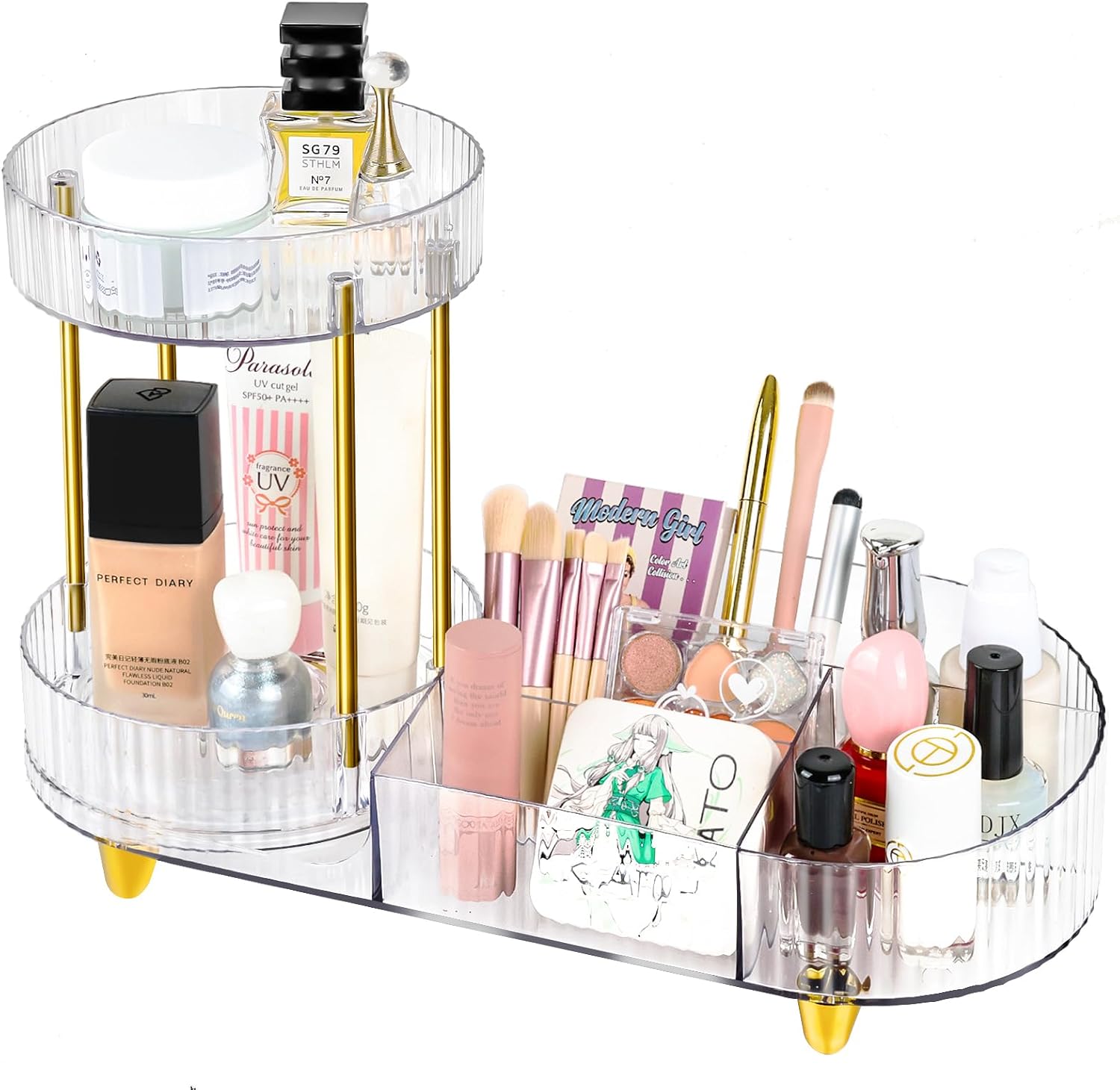 MOXYOY Makeup Organiser, 360° Rotating Compartment 2 In 1 Cosmetic Storage, perfume Organizers, Skincare Storage for Vanity, Bathroom,Bedroom (Clear)