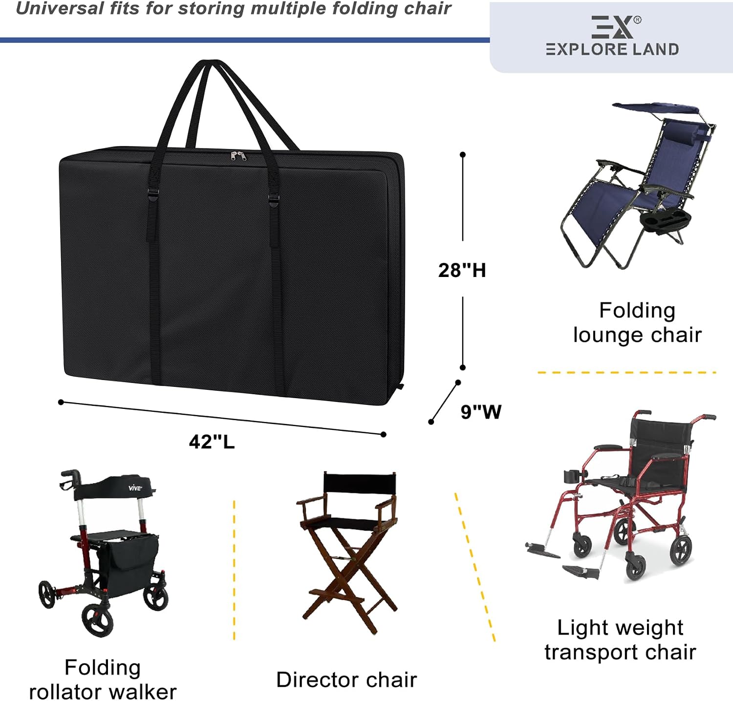 Explore Land Heavy Duty Chair Storage Bag for Folding Longue Chair, Zero Gravity Chair, Light Weight Transport Chair, Folding Rollator Walker (Black) - Image 3