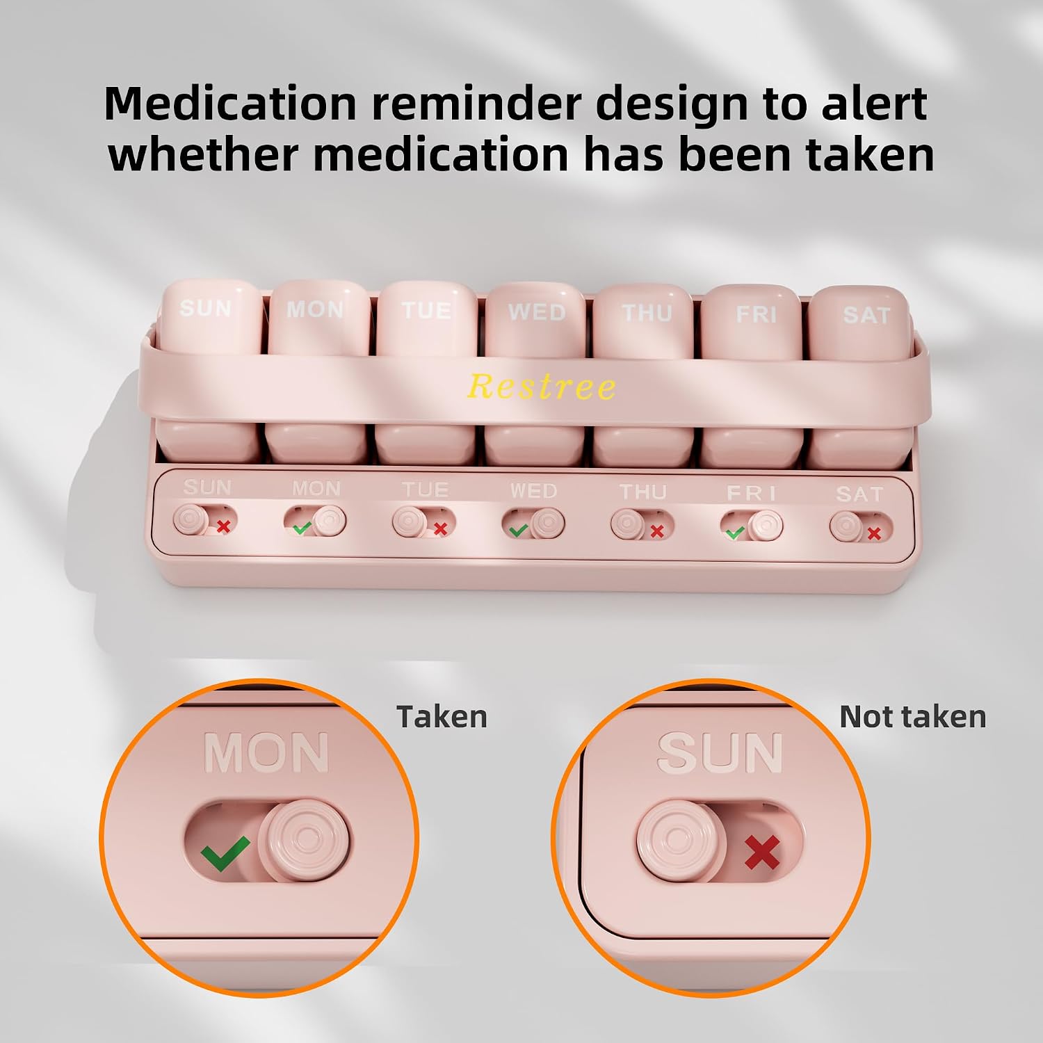 Restree 7 Day Pill Organizer with Medication Reminder & Sliding Lid – Weekly Travel Pill Case, 7 Removable Compartments, for Capsules Vitamins/Supplements (Pink) - Image 3