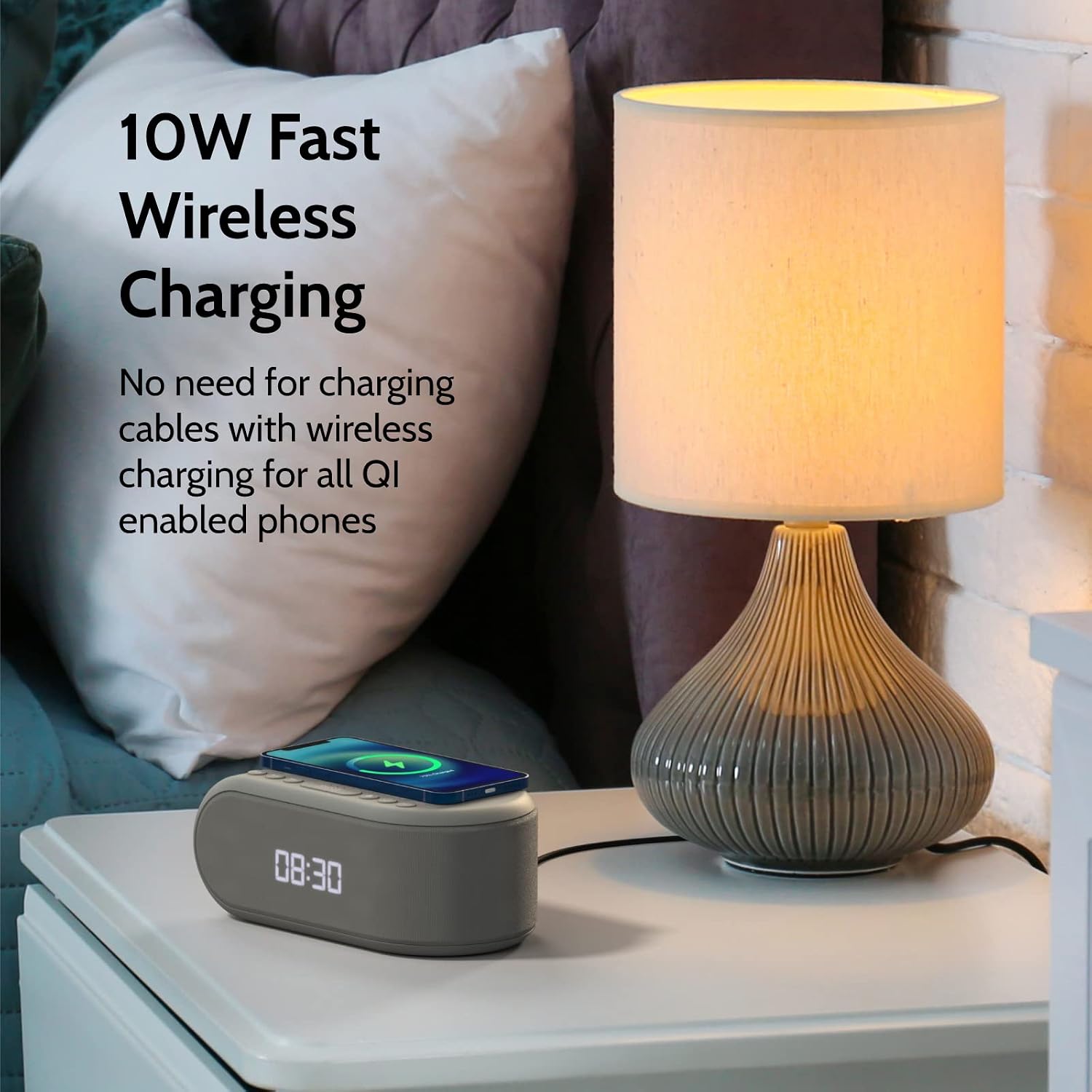 i-box Alarm Clocks Bedside, Dual Alarm Clock with Wireless Charging, Bluetooth Speaker, Radio Alarm Clock, Fast Qi Wireless Charger, Mains Powered, FM Radio, USB Charging Port, Dimmable, Non Ticking - Image 6