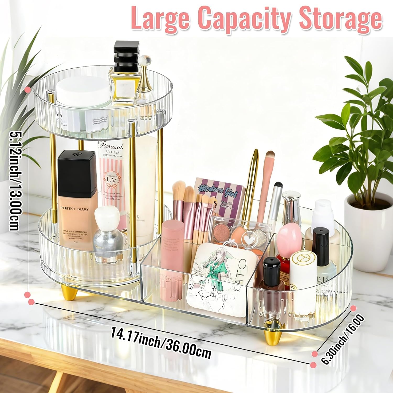 MOXYOY Makeup Organiser, 360° Rotating Compartment 2 In 1 Cosmetic Storage, perfume Organizers, Skincare Storage for Vanity, Bathroom,Bedroom (Clear) - Image 2
