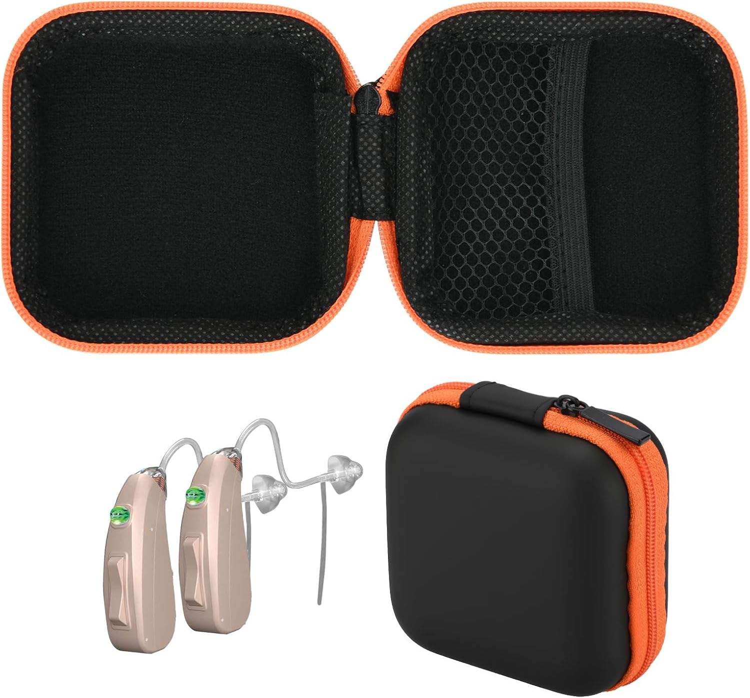 Beautyflier Protective Case for Hearing Aids, Waterproof Drop Resistance Storage Box for Hearing Aid, Mini Case for Hearing Amplifier, Personal Sound Amplifier, with Mesh Pocket, Bag Only (Orange)