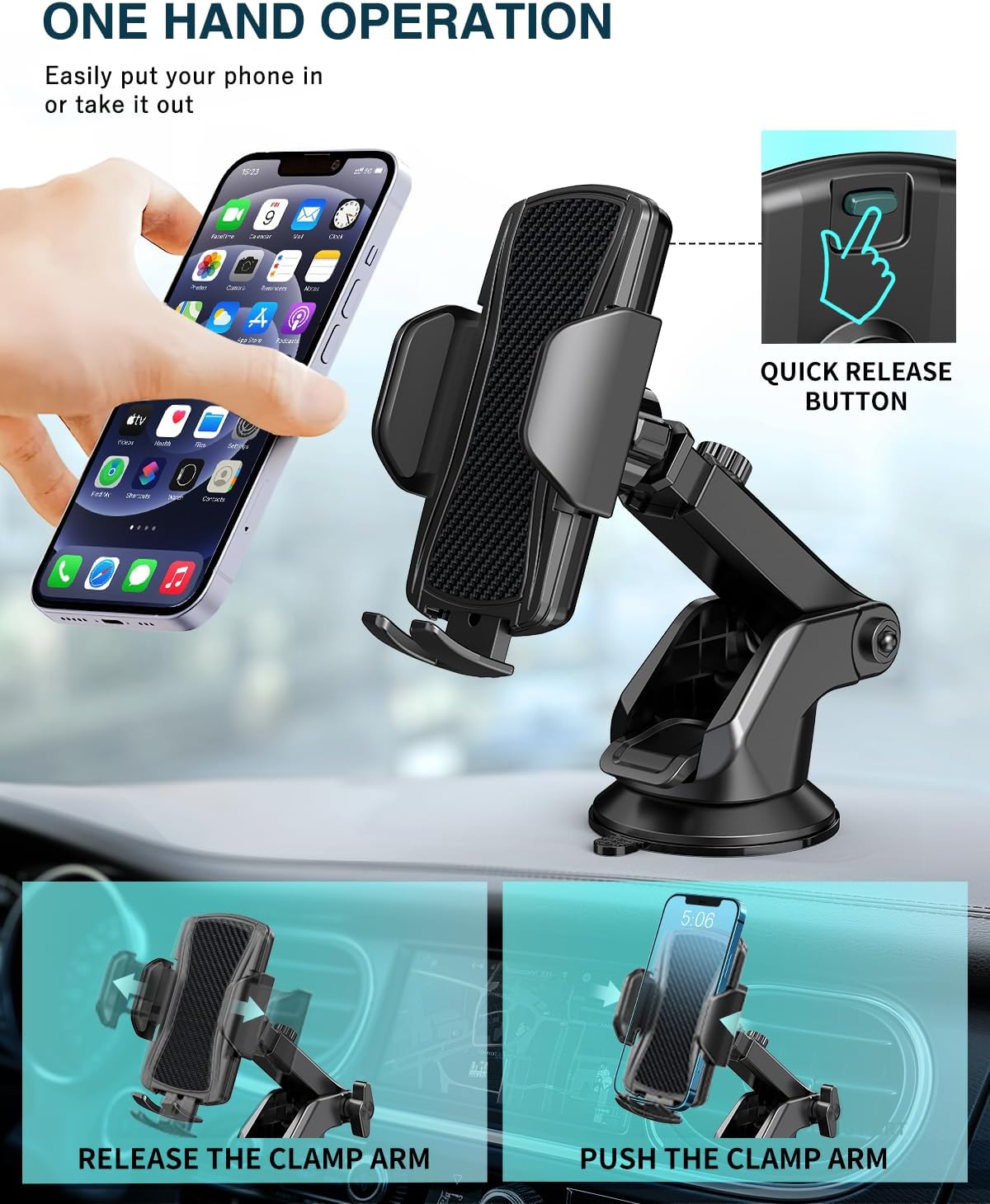 Hoppac Car Phone Holder, Ultra Strong Suction Mobile Phone Holder for Dashboard & Windscreen, 360° Rotation & One Button Release, Car Phone Mount for Smartphone 4.0''-7.0'' - Image 5