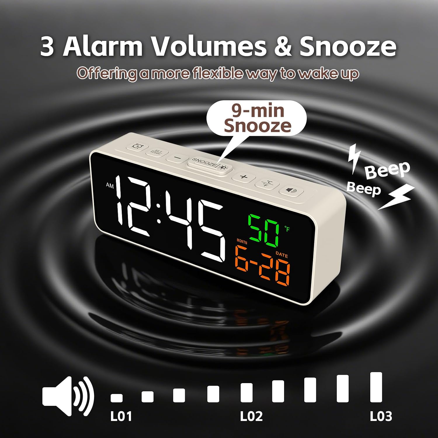 Netzu Digital Alarm Clocks for Living Room, Small Alarm Clock with Temperature, Calendar, 4 Dimmer, 3 Volumes, Loud Digital Clock Mains Powered, Plug-in Alarm Clock Beside for Kids Adults - Image 2