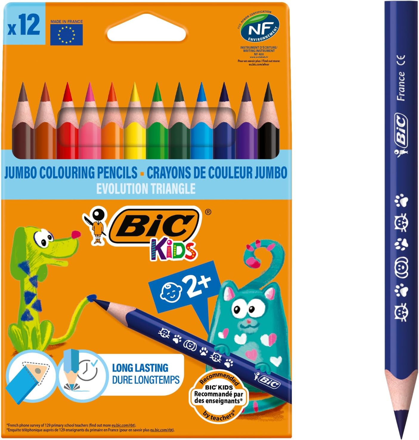 BIC Kids Evolution Triangle Coloured Pencils, Colouring Pencils Ideal for Small Kids 2 Years and Up to Place Fingers, Extra Resistant BIC Pencils, School Supplies, 12 Pack