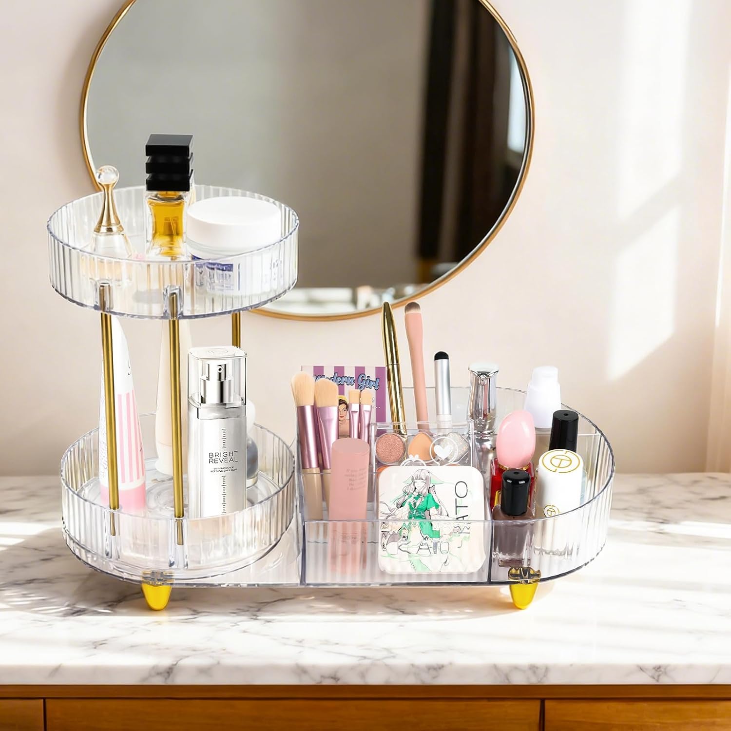 MOXYOY Makeup Organiser, 360° Rotating Compartment 2 In 1 Cosmetic Storage, perfume Organizers, Skincare Storage for Vanity, Bathroom,Bedroom (Clear) - Image 7