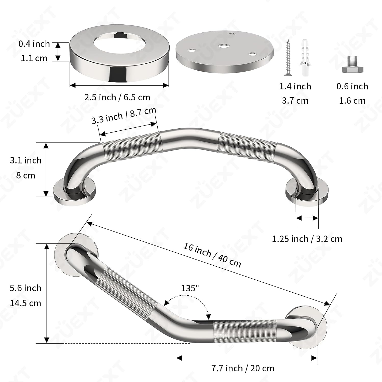 16 Inch Angled Grab Bar 2 Pack, ZUEXT Anti Slip Shower Grab Bar Handles,Chrome Stainless Steel Knurled Bathroom Balance Bar, Safety Hand Rail Support,Handicap Elderly Injury Senior Assist Bath Handle - Image 2