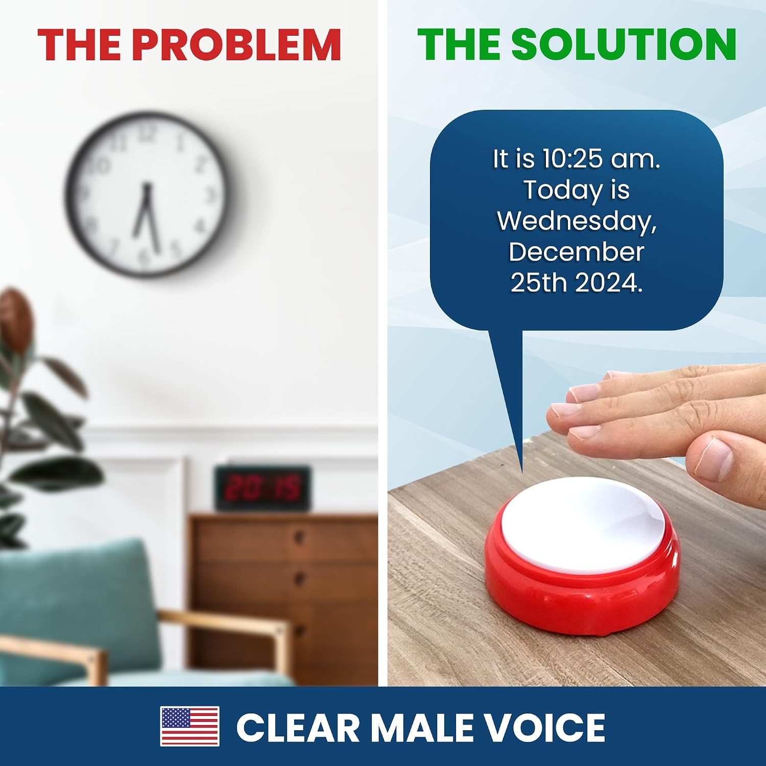 Talking Clock for The Elderly, Blind - Proper English Grammar, Neutral American Accent - Time and Date - Easy to Operate Speaking Alarm Device - Image 2