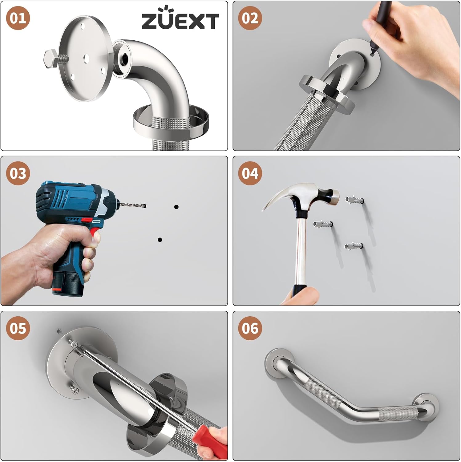 16 Inch Angled Grab Bar 2 Pack, ZUEXT Anti Slip Shower Grab Bar Handles,Chrome Stainless Steel Knurled Bathroom Balance Bar, Safety Hand Rail Support,Handicap Elderly Injury Senior Assist Bath Handle - Image 7
