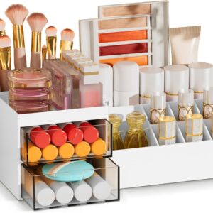 Subsky Makeup Organiser with Drawers, Make Up Storage Cosmetic Dressing Table Organiser Makeup Box with Drawerds for Dresser, Bedroom, Bathroom (White)