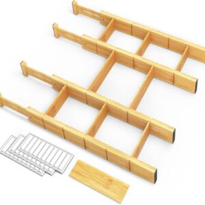 SpaceAid Bamboo Drawer Dividers with Inserts and Labels, Kitchen Adjustable Drawer Organizers, Expandable Organization for Home, Office, Dressers, 4 Dividers with 9 Inserts (17-22 in)