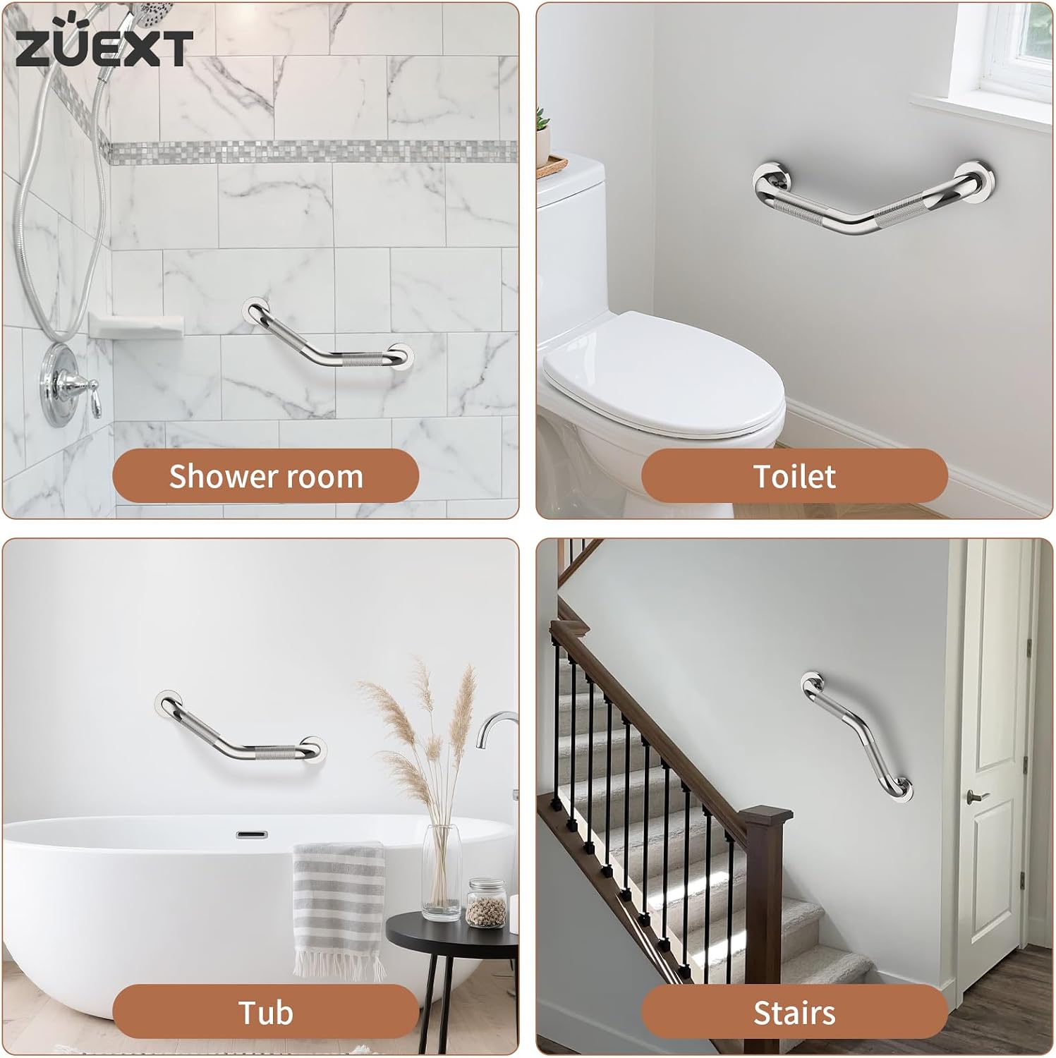 16 Inch Angled Grab Bar 2 Pack, ZUEXT Anti Slip Shower Grab Bar Handles,Chrome Stainless Steel Knurled Bathroom Balance Bar, Safety Hand Rail Support,Handicap Elderly Injury Senior Assist Bath Handle - Image 8