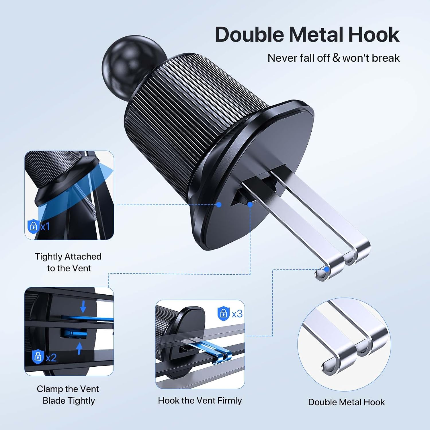 miracase Car Phone Holder, Stable Double Steel-Hook Air Vent Car Phone Mount Cradle 360°Rotation, One Button Release Mobile Phone Holder for iPhone, Galaxy, All 4.0''-7'' Smartphones - Image 4