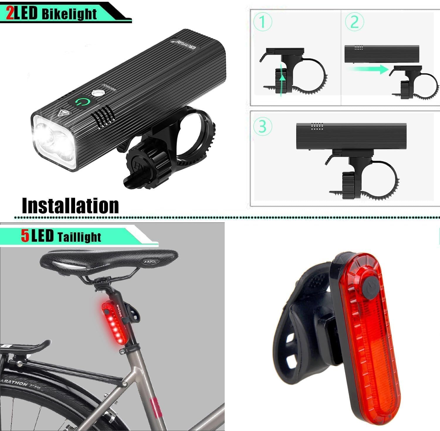 EBUYFIRE USB Rechargeable Bike Lights Set, 3000 Lumens Bike Headlight 【Upgrade Mount】,Super Bright Headlight Front Lights,3 Light Mode Fits All Bicycles, Mountain,Road - Image 5