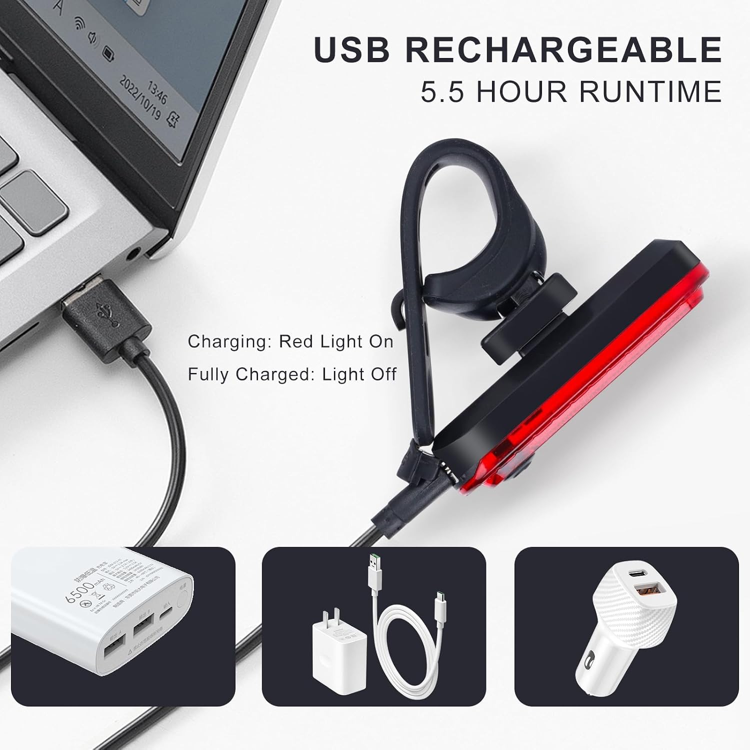KunHe USB Rechargeable Bike Tail Lights Super Bright Bicycle Rear Safety Light with 4 Light Modes for Skateboards Strollers and Wheelchairs - Image 2