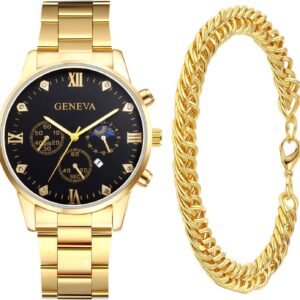 JewelryWe Men’s Stainless Steel Watch: Round Analog Luminous Quartz Calendar Watches Rhinestone Casual Business Gold Wristwatch Bracelet Watch