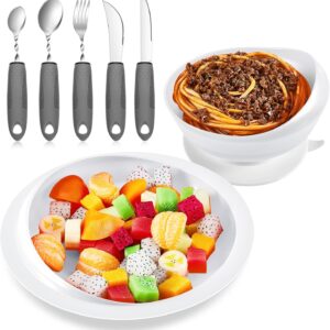 2 Sets Adaptive Utensils Bowl and Plate Set Adaptive Self Feeding Dinnerware with Suction Base Non Slip Bendable Cutlery for Elderly Disabled Hand Tremors Arthritis Parkinson(White)