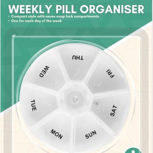 DID Weekly Pill Organiser 7 Day, Round Tablet Capsule Storage Box, Monday to Sunday Medicine Dispenser with Snap Shut Compartments, Clear, Compact, Portable & Travel Friendly Case for Medication