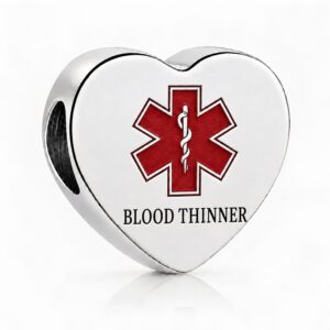 Medical Alert Heart Charm Compatible with Pandora Bracelet Women