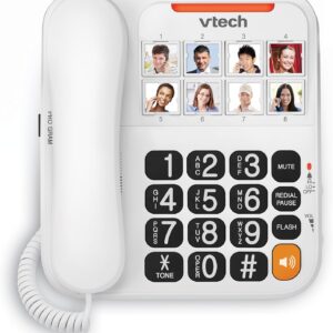 VTech Corded Senior Phone for Elderly with High-Contrast Large Buttons, 8 Photo Speed Dial, Talking Digits, Visual Ringer, Full-Duplex, No AC Power, Earpiece and Speakerphone Volume Control | SN1117