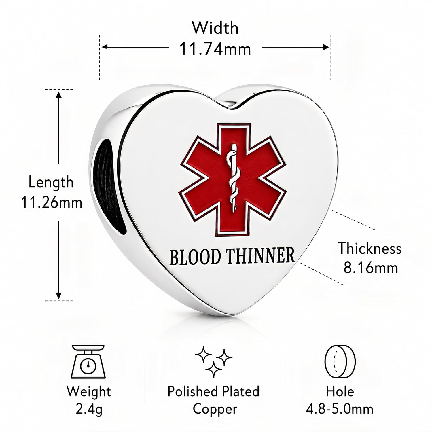 Medical Alert Heart Charm Compatible with Pandora Bracelet Women - Image 3