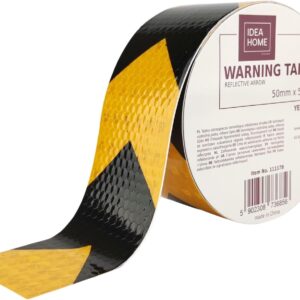 IDEA HOME Reflective Striped Warning Tape 50mm x 5m – Self-Adhesive Barrier Tape, Marking Tape for Floor and Safety Marking, Arrows, Yellow/Black