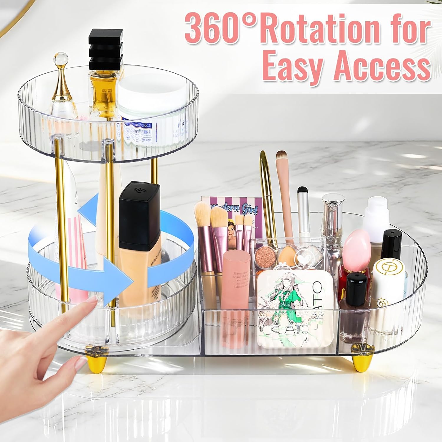 MOXYOY Makeup Organiser, 360° Rotating Compartment 2 In 1 Cosmetic Storage, perfume Organizers, Skincare Storage for Vanity, Bathroom,Bedroom (Clear) - Image 3