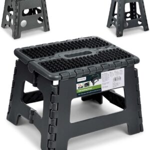Rainberg Folding Step Stool 9 Inch, Heavy Duty Folding Stool, 250 lbs Capacity with Carrying Handle, Portable, Anti Slip Surface for Kids & Adults, Kitchen, Bathroom, Camping (Black)