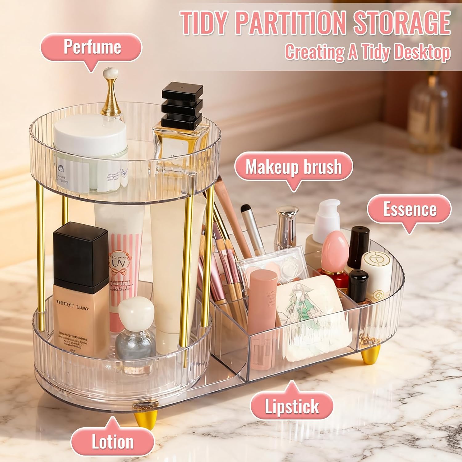 MOXYOY Makeup Organiser, 360° Rotating Compartment 2 In 1 Cosmetic Storage, perfume Organizers, Skincare Storage for Vanity, Bathroom,Bedroom (Clear) - Image 4