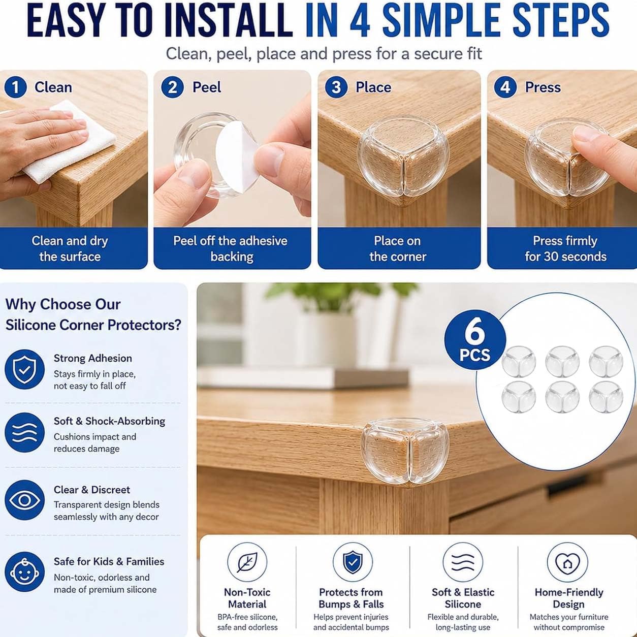 Baby Proofing Corner Protectors, 6 Pack Clear Ball-Shaped Silicone Furniture Table Edge Guards for Baby Safety - Image 6