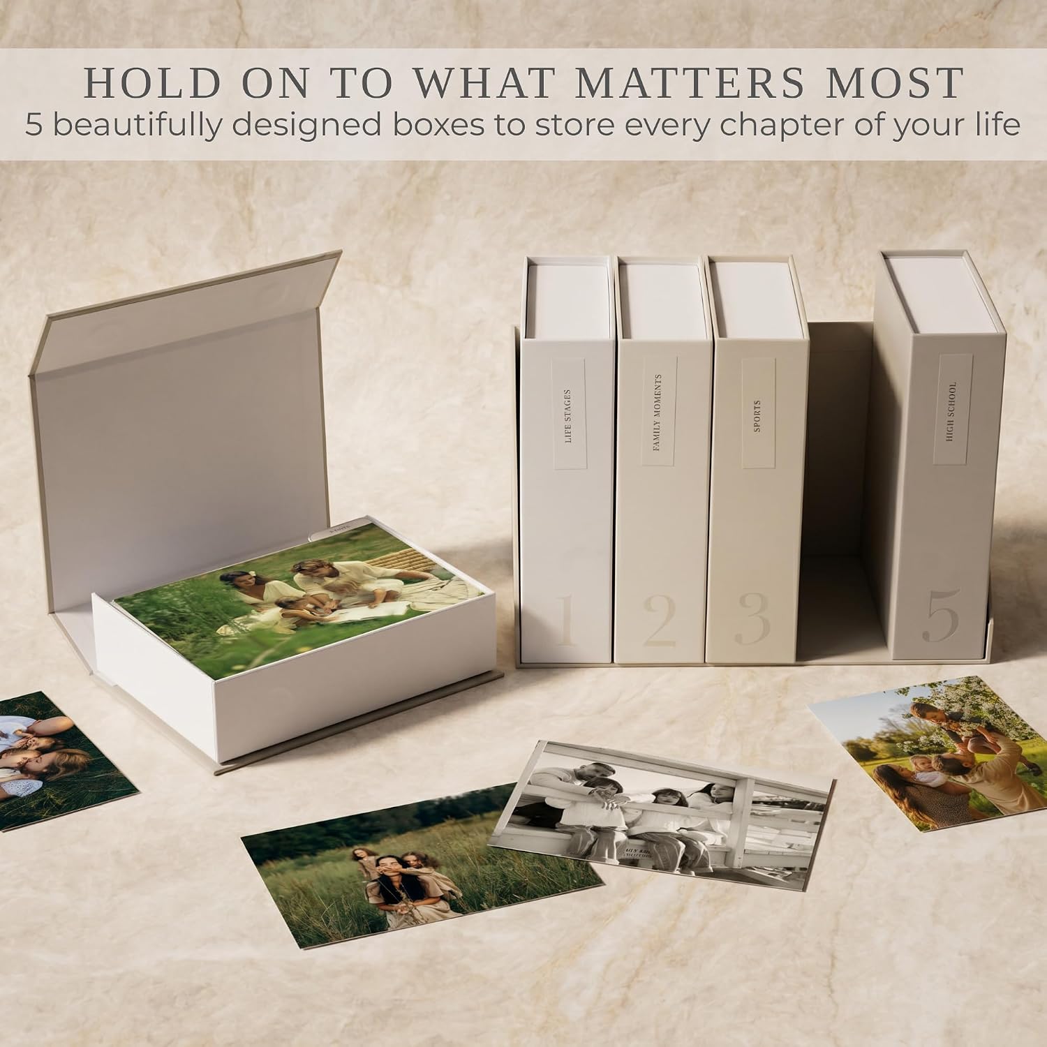 ZICOTO Decorative Photo Storage Box Set of 5 for 4x6 Pictures with Dividers - Image 2