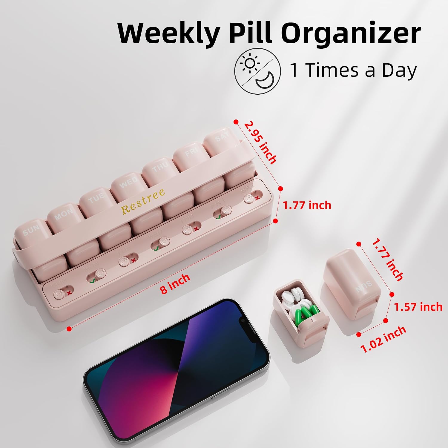 Restree 7 Day Pill Organizer with Medication Reminder & Sliding Lid – Weekly Travel Pill Case, 7 Removable Compartments, for Capsules Vitamins/Supplements (Pink) - Image 2
