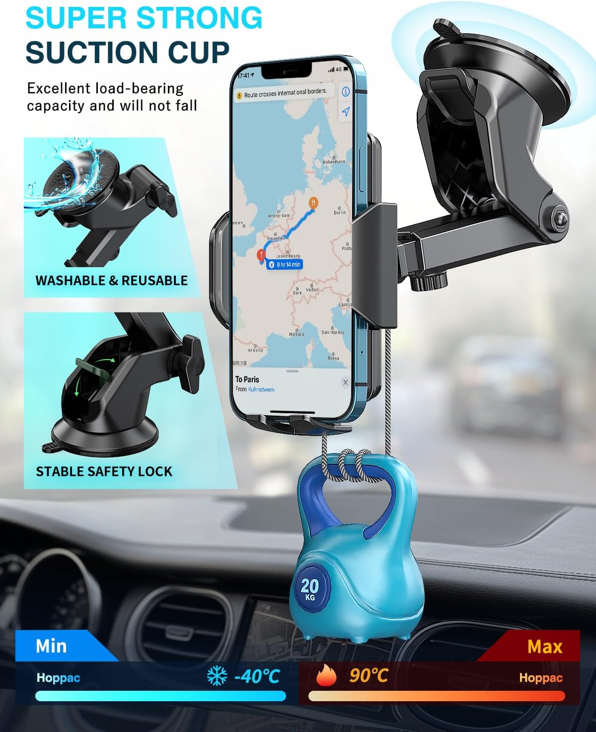 Hoppac Car Phone Holder, Ultra Strong Suction Mobile Phone Holder for Dashboard & Windscreen, 360° Rotation & One Button Release, Car Phone Mount for Smartphone 4.0''-7.0'' - Image 2