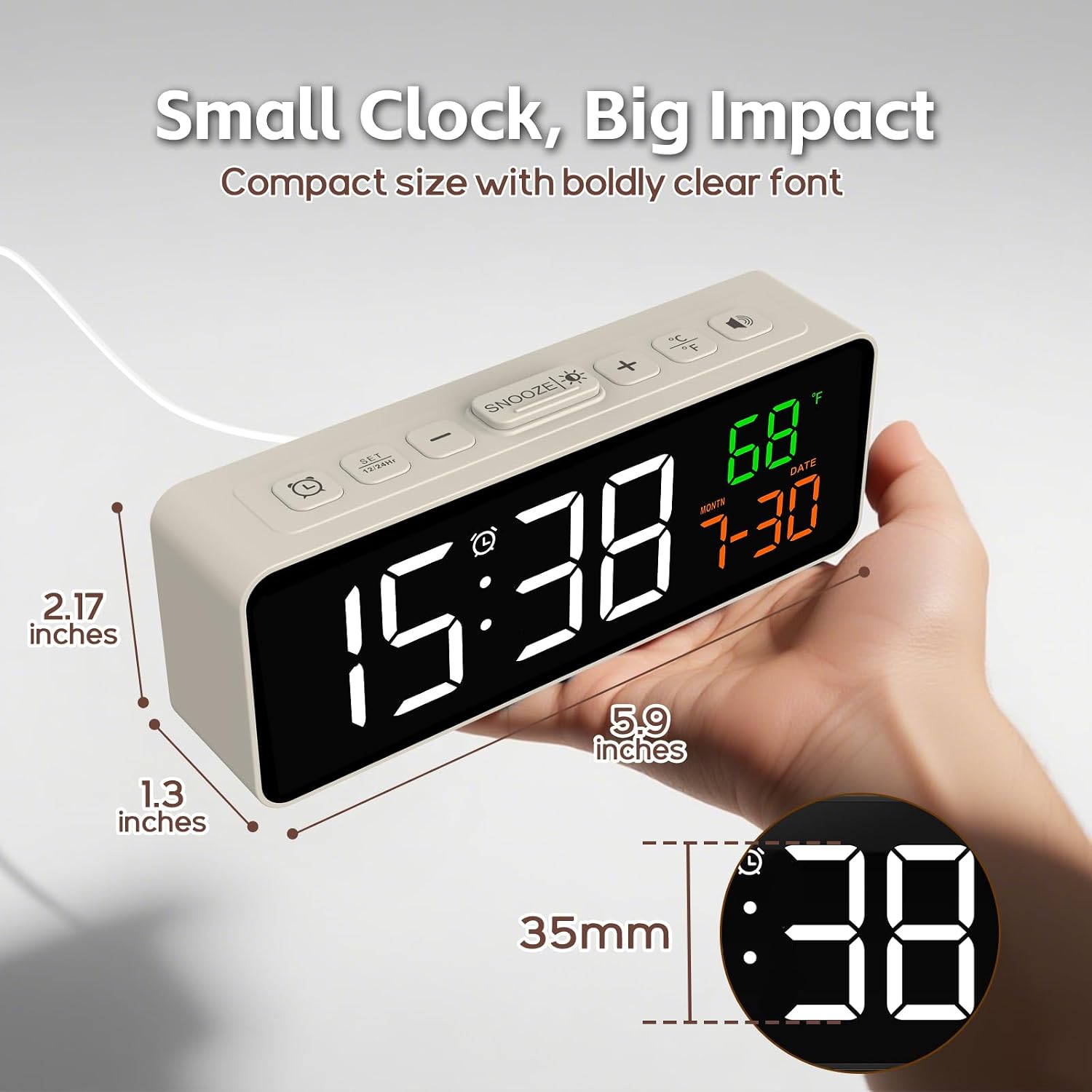 Netzu Digital Alarm Clocks for Living Room, Small Alarm Clock with Temperature, Calendar, 4 Dimmer, 3 Volumes, Loud Digital Clock Mains Powered, Plug-in Alarm Clock Beside for Kids Adults - Image 3