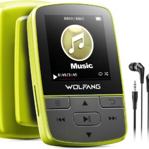 WOLFANG MP3 Players with Bluetooth 5.2, Sports Clip, Mini Size, Weigh 1 oz, HiF FM Radio, Voice Recorder, Earphones Included (Fluorescent Green)