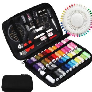JUNING Sewing Kit with Case, 130 pcs Sewing Supplies for Home Travel and Emergency, Kids Machine, Contains 24 Spools of Thread of 100m, Mending and Sewing Needles, Scissors, Thimble, Tape Measure etc