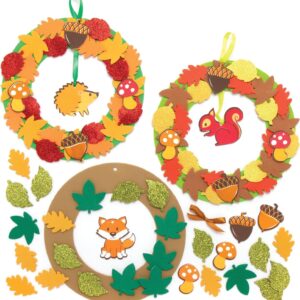 Baker Ross AX281 Autumn Wreath Kits – Pack of 3, Kids Wreath Ring to Design and Decorate, Ideal Autumn Arts and Crafts Projects, Great for School and Craft Group Activities