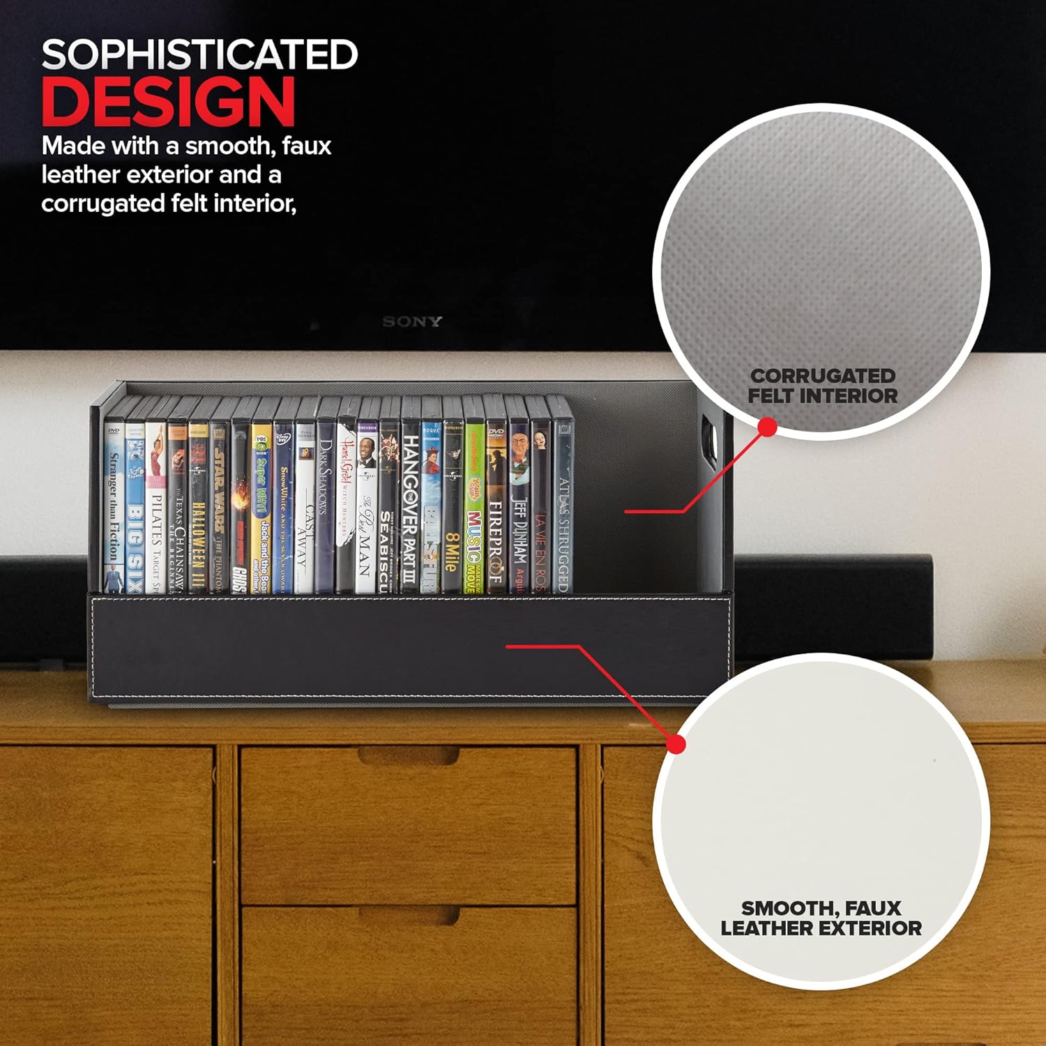 Stock Your Home DVD Storage Box, Movie Shelf Organizer for Blu-Ray, Video Game Cases, CDs, VHS Tape Display Stand, Disc Holder Can Store Up to 28 DVDs, Faux Leather (Black) - Image 5