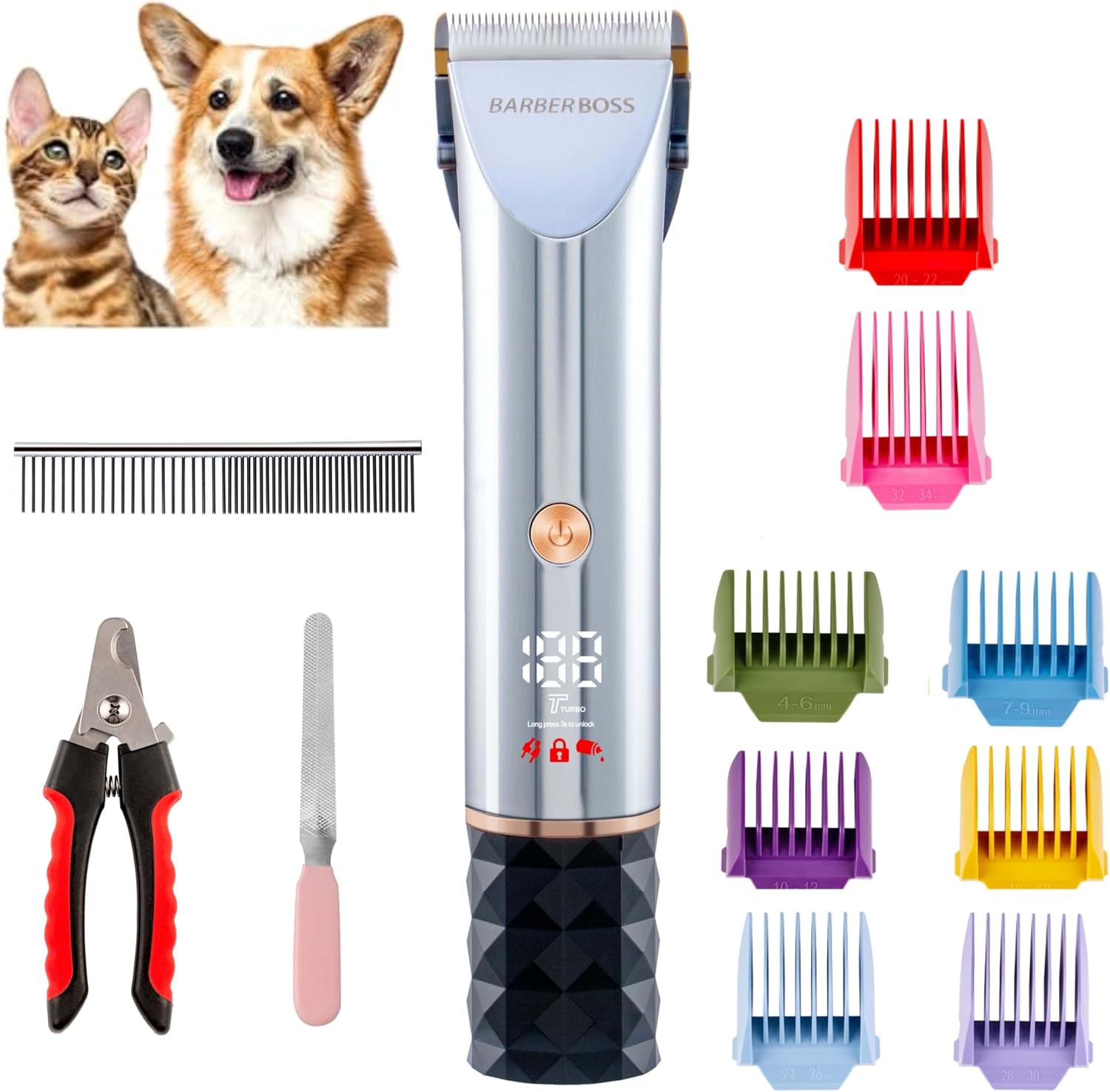 BarberBoss Professional Dog Grooming Kit, Dog Clippers, Cordless Low Noise Clippers for Thick Fur, Ceramic Blades, 8 Guide Combs, Rechargeable with USB Charging, LED Display