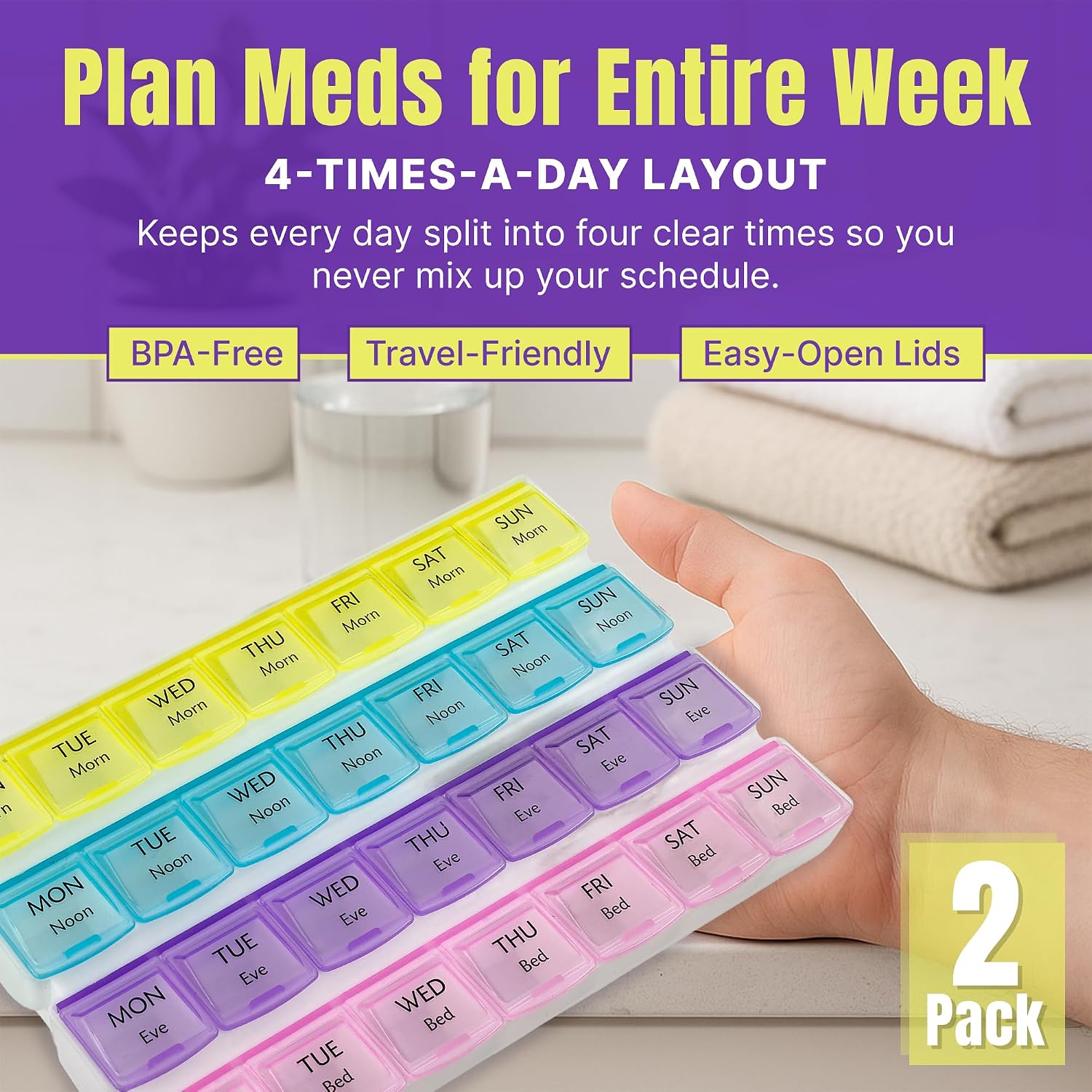 Monthly Pill Organizers - (Pack of 2) 28 Day Monthly Pill Planner to Separate Pills & Vitamins Week to Week, Travel Medication Reminder Daily Monday to Sunday Compartments - Image 2