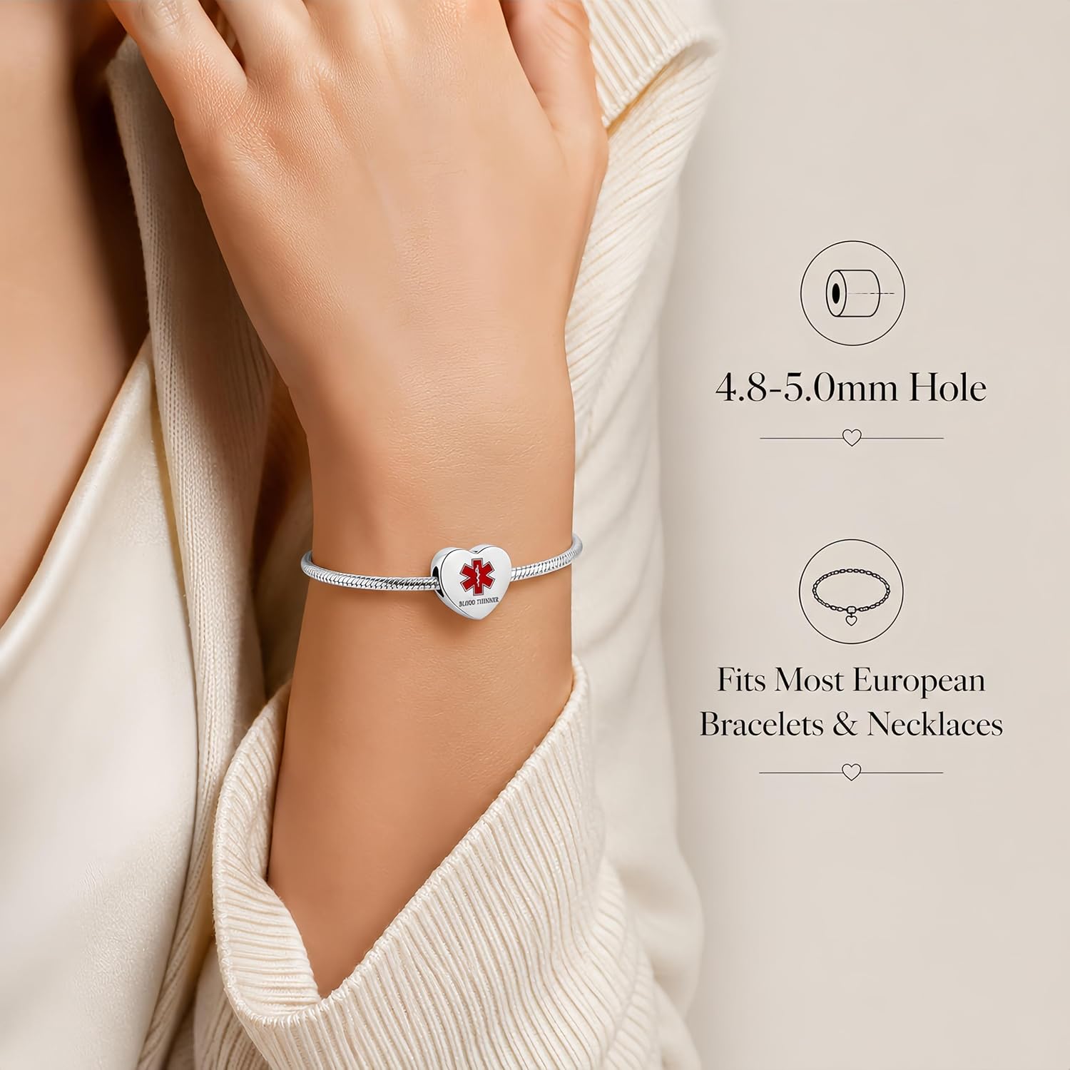 Medical Alert Heart Charm Compatible with Pandora Bracelet Women - Image 4