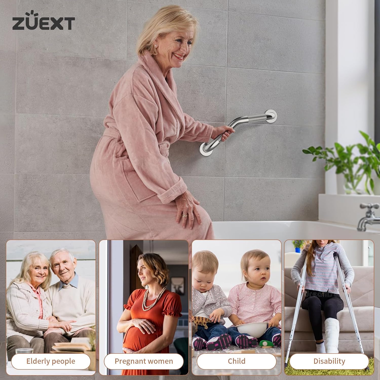 16 Inch Angled Grab Bar 2 Pack, ZUEXT Anti Slip Shower Grab Bar Handles,Chrome Stainless Steel Knurled Bathroom Balance Bar, Safety Hand Rail Support,Handicap Elderly Injury Senior Assist Bath Handle - Image 6