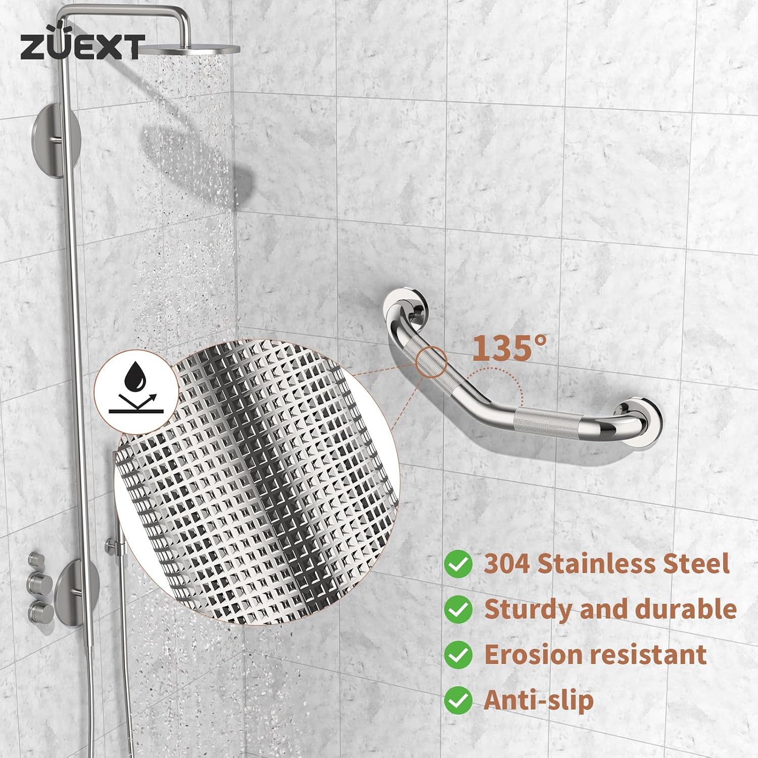 16 Inch Angled Grab Bar 2 Pack, ZUEXT Anti Slip Shower Grab Bar Handles,Chrome Stainless Steel Knurled Bathroom Balance Bar, Safety Hand Rail Support,Handicap Elderly Injury Senior Assist Bath Handle - Image 3