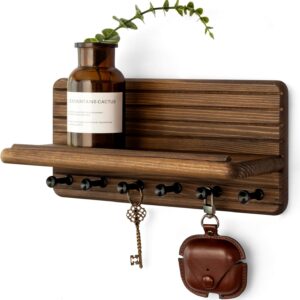 Rebee Vision Pine Wood Key Holder Wall Mount with Shelf for Entryway, Brown