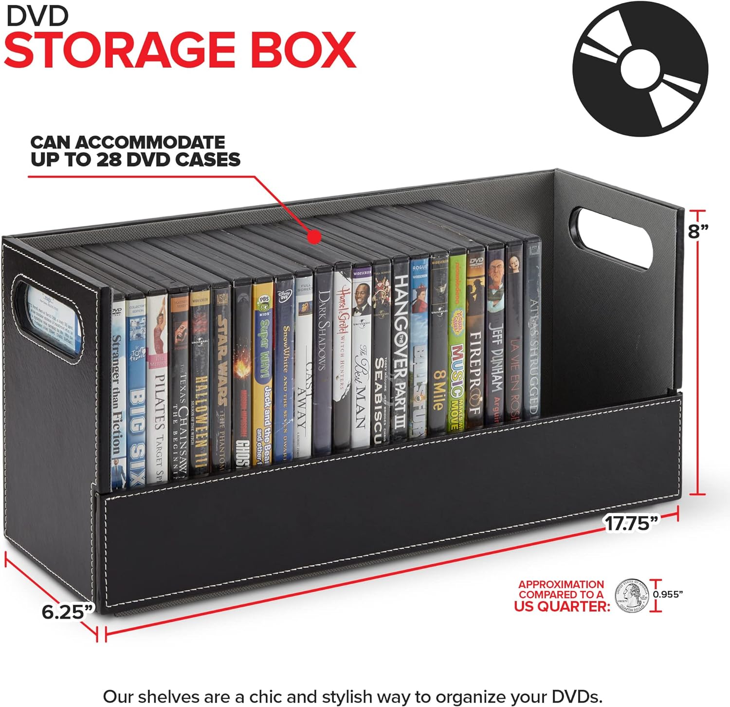 Stock Your Home DVD Storage Box, Movie Shelf Organizer for Blu-Ray, Video Game Cases, CDs, VHS Tape Display Stand, Disc Holder Can Store Up to 28 DVDs, Faux Leather (Black) - Image 2