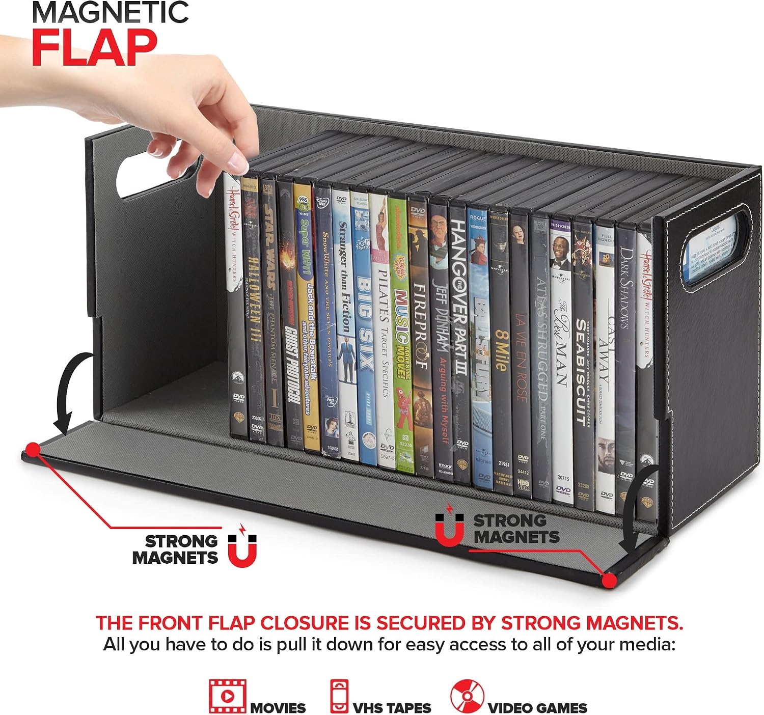 Stock Your Home DVD Storage Box, Movie Shelf Organizer for Blu-Ray, Video Game Cases, CDs, VHS Tape Display Stand, Disc Holder Can Store Up to 28 DVDs, Faux Leather (Black) - Image 3