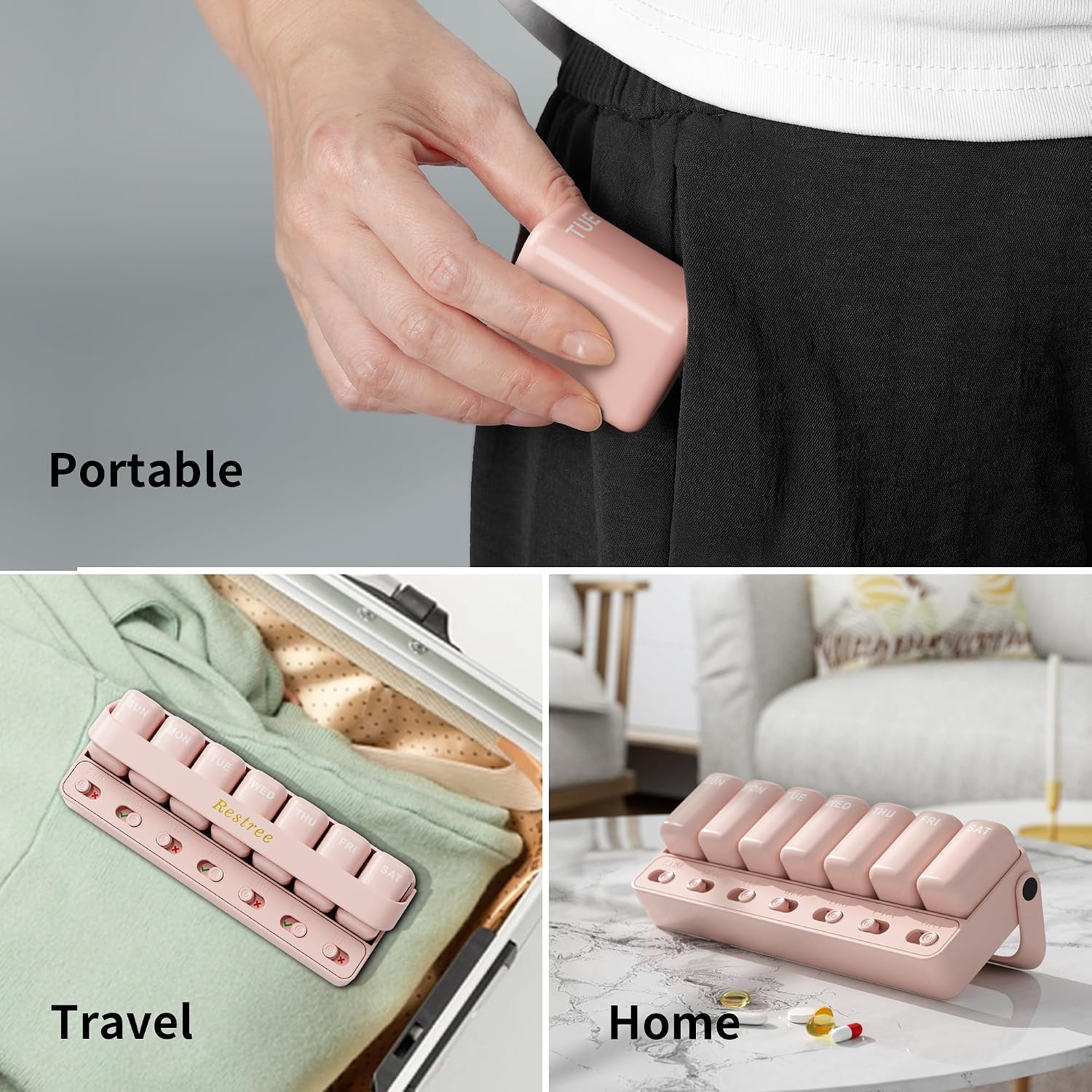 Restree 7 Day Pill Organizer with Medication Reminder & Sliding Lid – Weekly Travel Pill Case, 7 Removable Compartments, for Capsules Vitamins/Supplements (Pink) - Image 7
